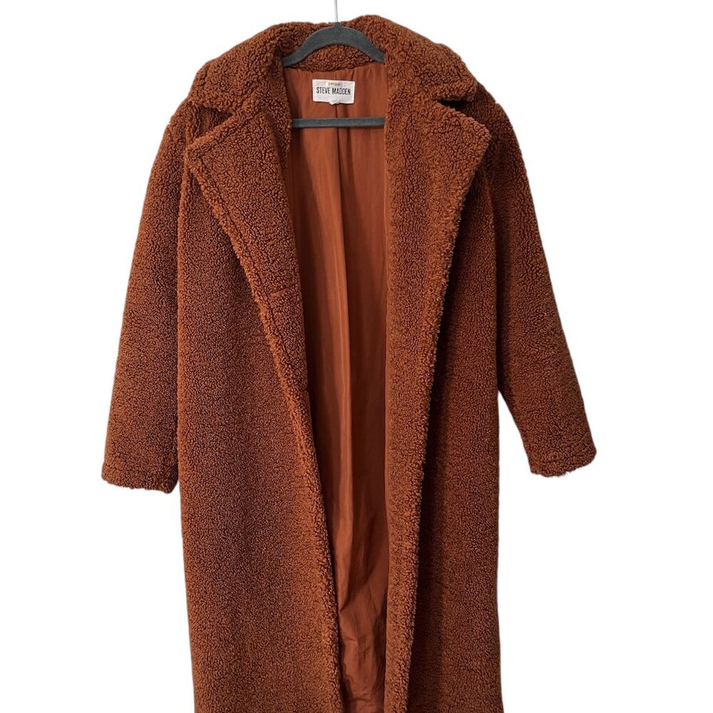 Steve Madden Saide Long Sherpa Coat, Mocha Bisque, size S